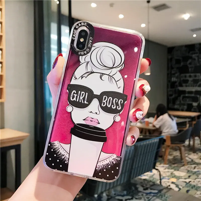 Girl Светящийся неоновый песок жидкий зыбучий песок чехол для iPhone 11 Pro XS Max X XR 8 7 6 Plus модная задняя крышка для телефона с красными губами - Цвет: Girl