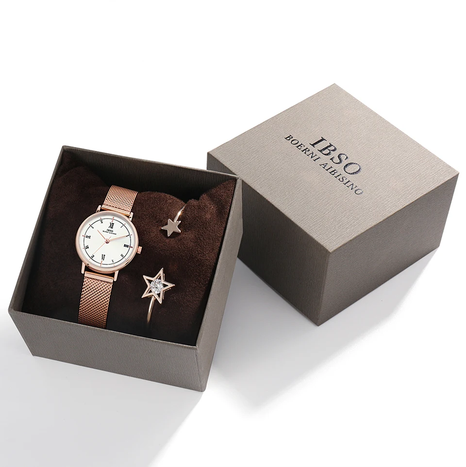 IBSO, женские часы, набор, 8 мм, ультра тонкий, розовое золото, сетка, нержавеющая сталь, ремешок, кварцевые часы, набор часов, для девушек, Relogio Masculino