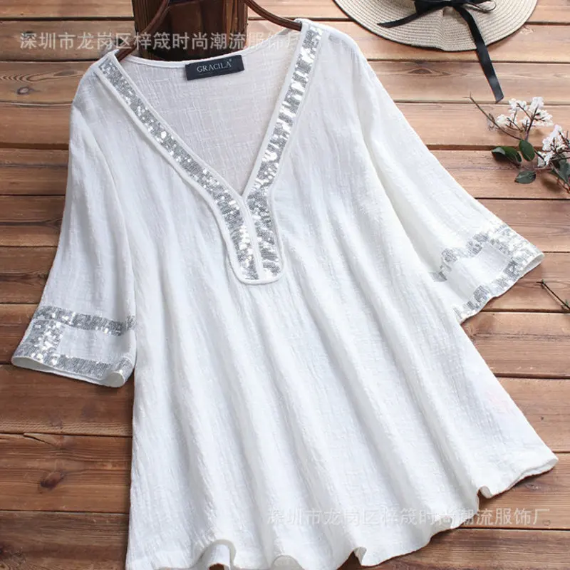 

Large size loose women blouses 2020 summer Women Blouses lace sequin stitching short-sleeved Tops shirt