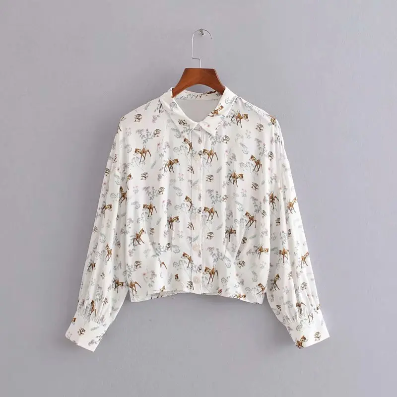  2019 Autumn The New Disney Animal Print Women Shirts Button Turn-down Collar Long Sleeve Casual Cut