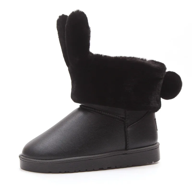 Lucyever Classic Women Rabbit Ears Snow Boots Faux Fur Comfortable Warm Winter Shoes Woman Casual Slip on Platfrom Ankle Boots - Цвет: Черный