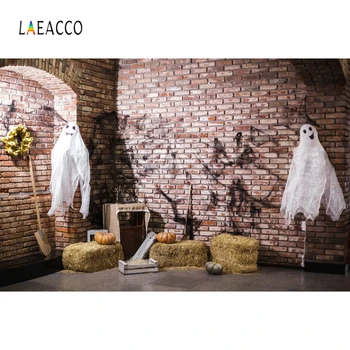 

Laeacco Brick Wall Ghost Haystack Pumpkin Spider Web Photography Backgrounds Halloween Backdrops Carnival Party Photozone Props