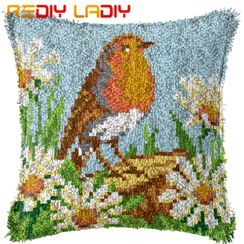 

Latch Hook Cushion Bird with Daisy Pillow Case Printed Color Canvas Acrylic Yarn Latched Hook Pillow Crochet Cushion Cover Kits