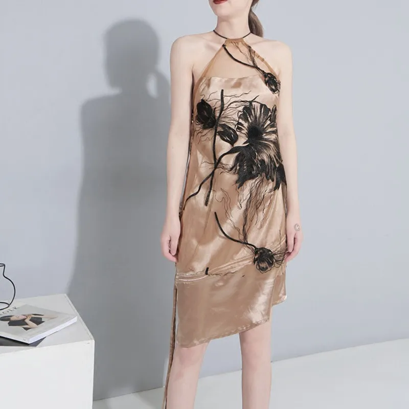 Luxury Sexy Gold Satin Dress Women Fashion New Chic Embroidery Lotus Flower Mesh Halter Asymmetrical Ladies Summer Party | Женская