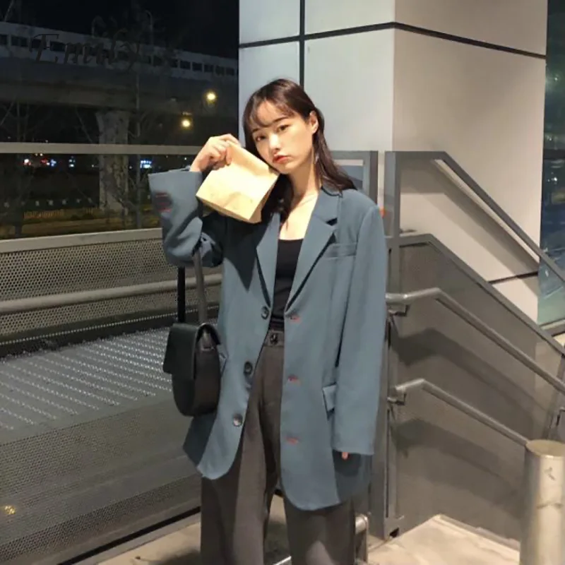 

Office Lady Solid Suit Coat Women Autumn Ladies Basic Jacket Single-breasted Pockets Loose Outwear 2019 Casaco Feminino