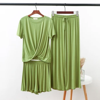 

Autumn Modal Folds Home Suit 3 Piece Women's Pajamas Set Solid Wide Legs Homewear Three Suit 2020 New Fashion Ladies Sleepwear