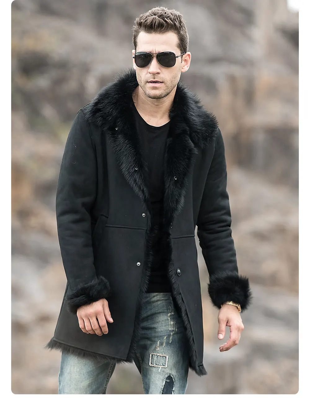 Kожаная куртка мужская из настоящей кожи FLAVOR, тренчкот из натуральной овчины, длинное пальто для зимы
