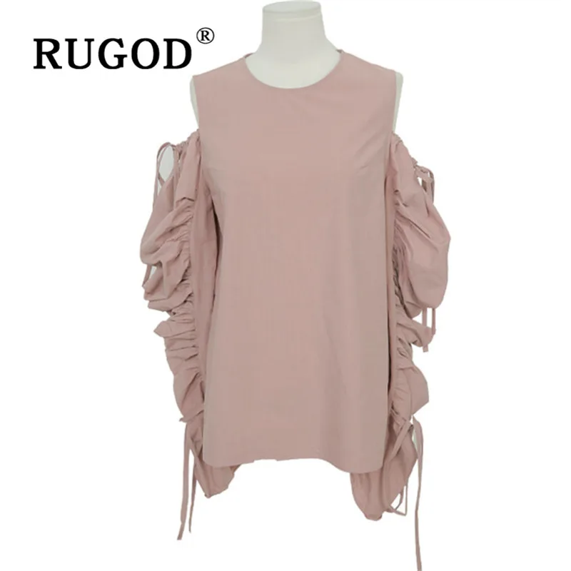 RUGOD Korean New Style Chic Vintage Off Shoulder Pleated Blouse O-neck Lace Up White Shirt Kpop Clothes Fashion