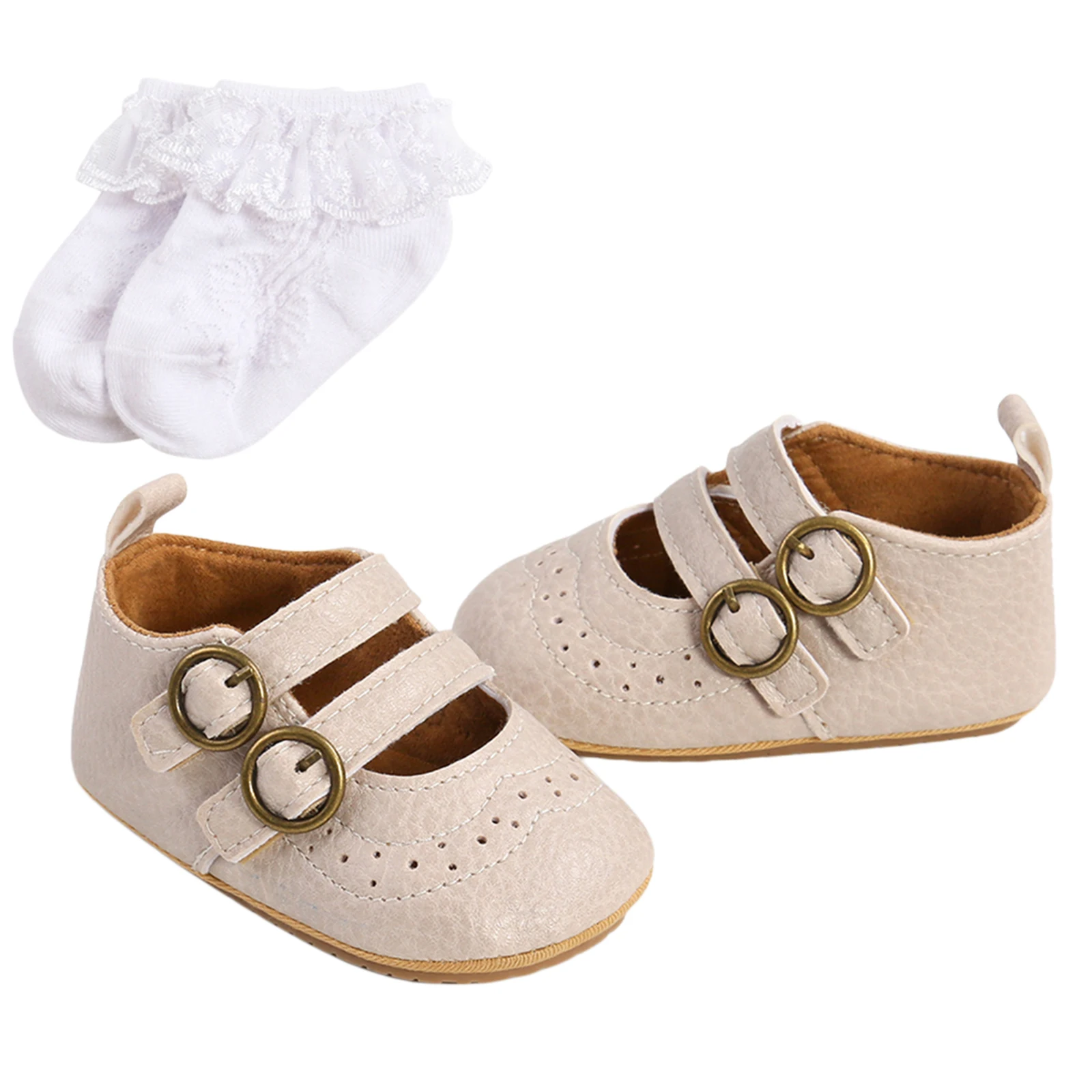 Baby Girls Boys Non-Slip PU First Walking Shoes, Buckle Strap Soft Sole Solid Infant Slip-on Sock Shoes 6