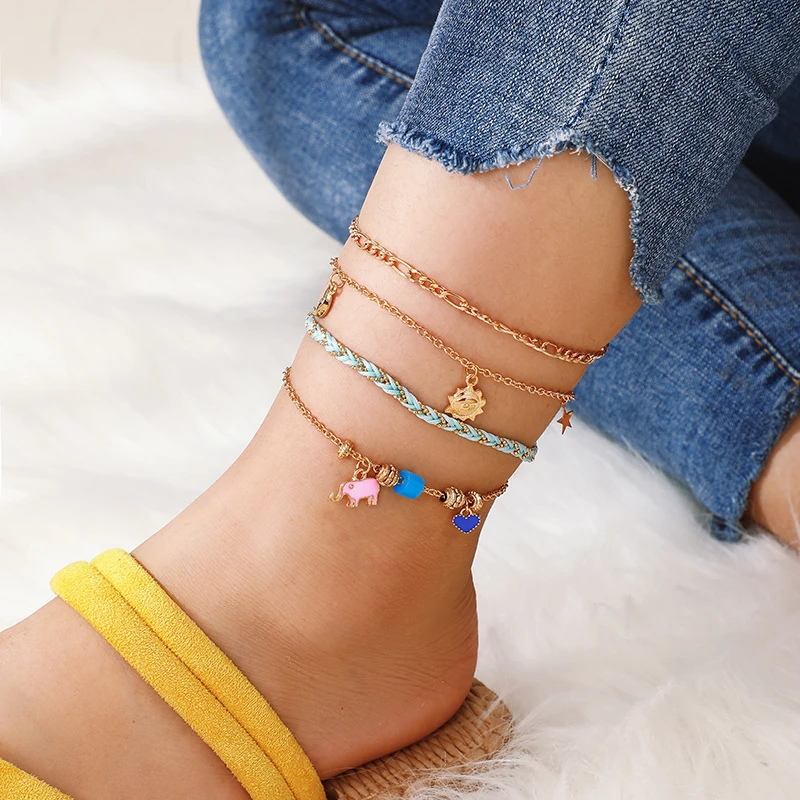 

HuaTang Gold Star Moon Heart Elephant Boho Anklets for Women Multi-layer Chain Charm Ankle Bracelet Jewelry Tobillera 8499