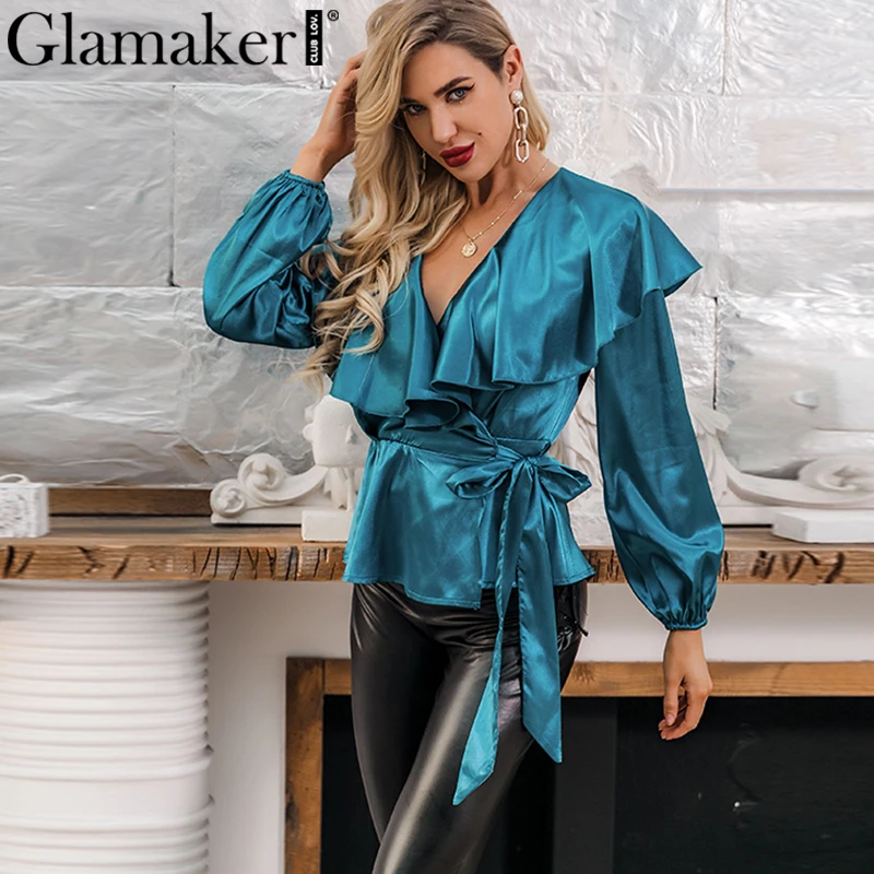 Glamaker, атласная блузка с рюшами в стиле пэчворк, женская рубашка, рукав-фонарик, v-образный вырез, блузка, топ, Женская винтажная офисная одежда, короткий топ