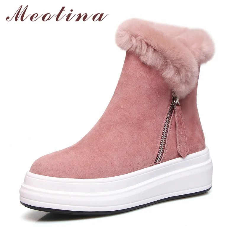 Meotina/теплые плюшевые зимние сапоги; женские замшевые ботильоны на молнии на плоской платформе; обувь с кроличьим мехом и круглым носком; женская зимняя обувь; Размер 39