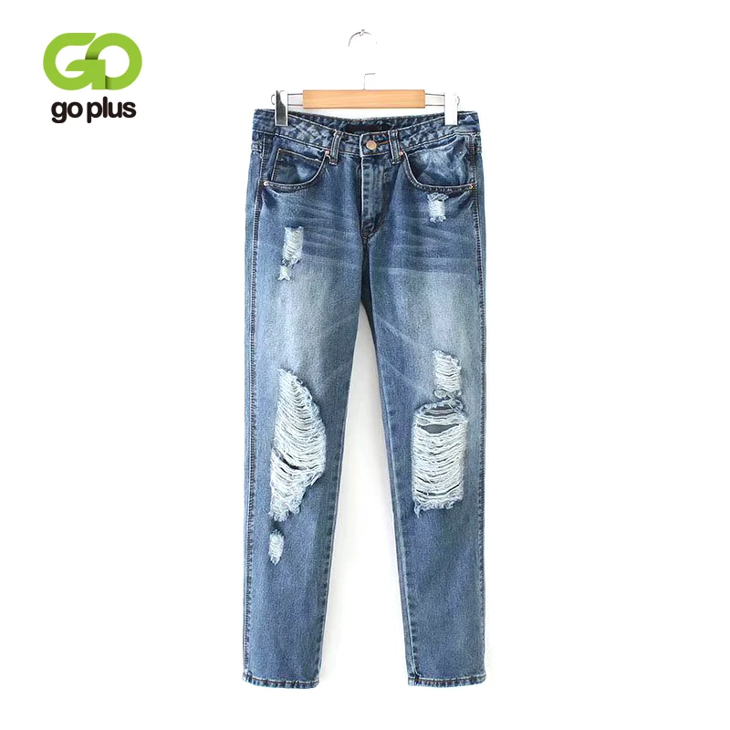 

GOPLUS Blue Denim Distressed Jeans 2019 Spring Plus Size Women Casual High Waist Button Fly Ripped Pencil Pants Skinny Jeans