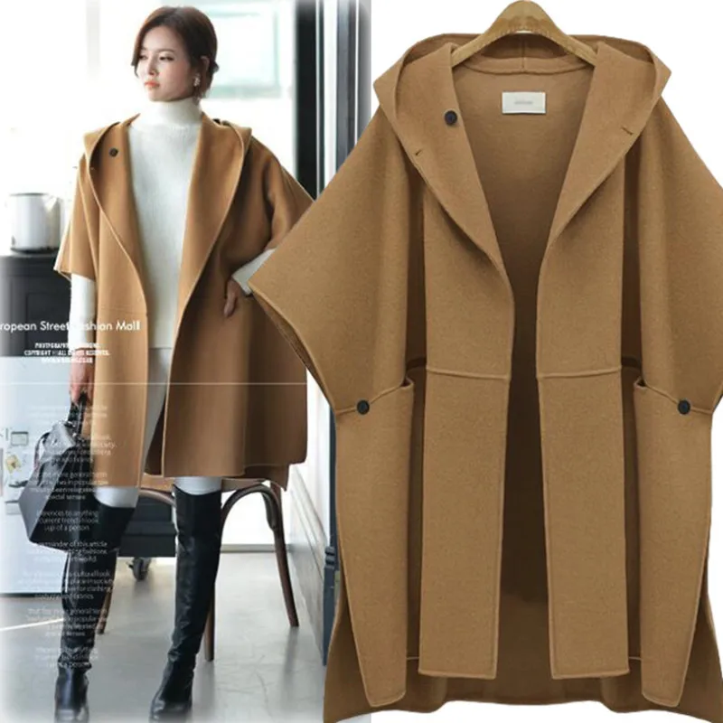 

Women Winter Loose Hooded Batwing Sleeves Cloak Woolen Coat Large Size Outerwear Ponchos Cape Jacket Shawl Coat Female 2019