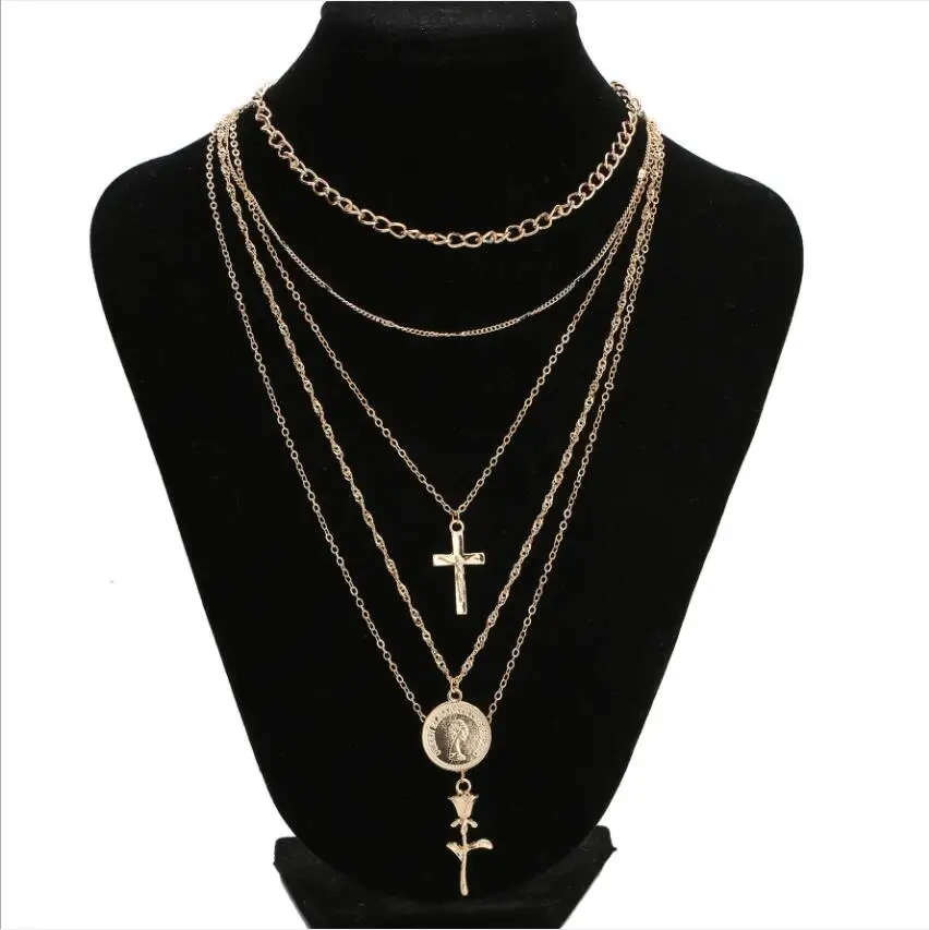 

Vintage Gold Color Cross Rose Flower Coin Pendant for Women Layered Bohemia Jewelry S1970