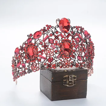 

Wedding Hair Accessories Vintage Queen Crown Red Rhinestone Baroque Crown Crystal Bridal Headdress