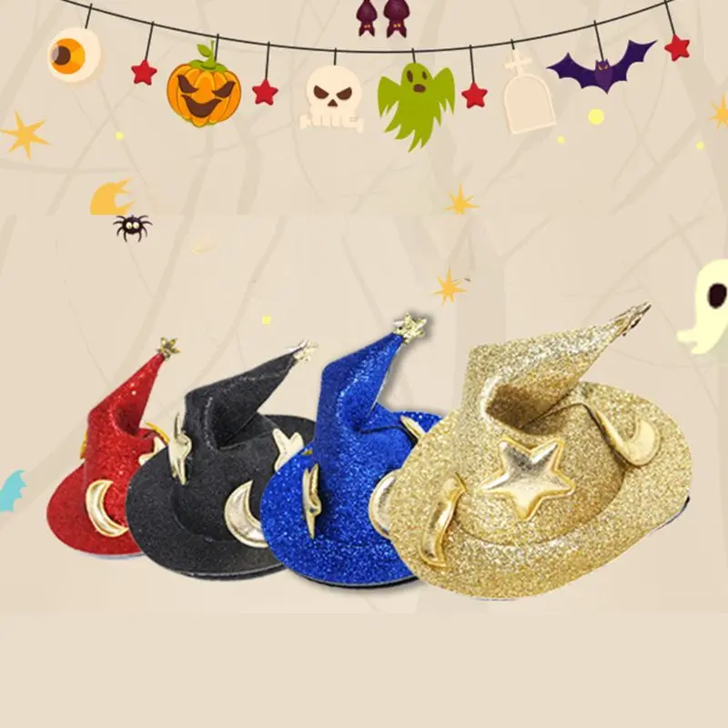 Halloween Mini Sorcière Chapeau Pince à cheveux paillettes poudre Star Moon Festival Barrettes