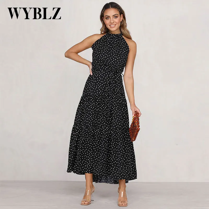 

WYBLZ Summer Elegant Fashion Sleeveless Maxi Dress Polka Dot Print Party Women Dress Slim O Neck Sexy Long Dress Femme Vestidos