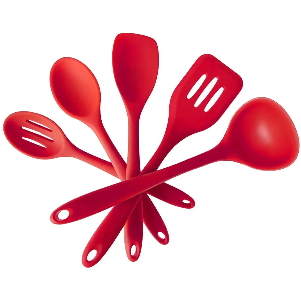 5Pcs Red Fashion Non-Stick Silicone Kitchen Portable Mini Kitchen Set Shovel Scraper Colander Food Clip Egg Beater