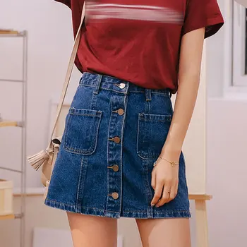 

Denim Skirt High Waist A-line Mini Skirts Women Summer New Arrivals Single Button Pockets Blue Jean Skirt Style Saia Jeans 2020