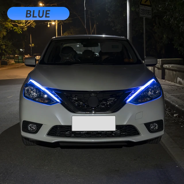 2pcs Led DRL Turn Signal Light Strip Flexible Waterproof Auto Headlight Surface Decorative Lamp Car Daytime Running lights 12v blue to yellow