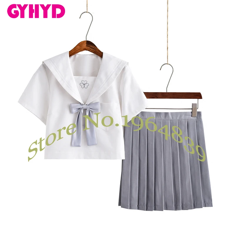 Short Sleeve Set Белая японская рубашка с короткими рукавами и вышивкой клевера+ серая юбка костюмы моряка Студенческая форма для девочек - Цвет: Short Sleeve Set
