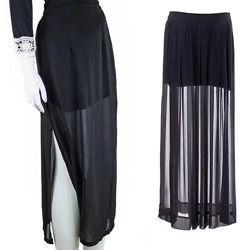 

HOT SALES!!! Women Fashion Half See-through Sheer Side Split Chiffon Maxi Long Skirt Sexy