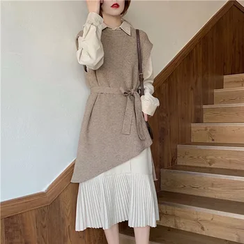 

Spring Two Piece Set High Waist Knitted Sweater Vest And Solid Pleated Shirt Dress Women Sets Korean Elegant Causal 2PCS Set
