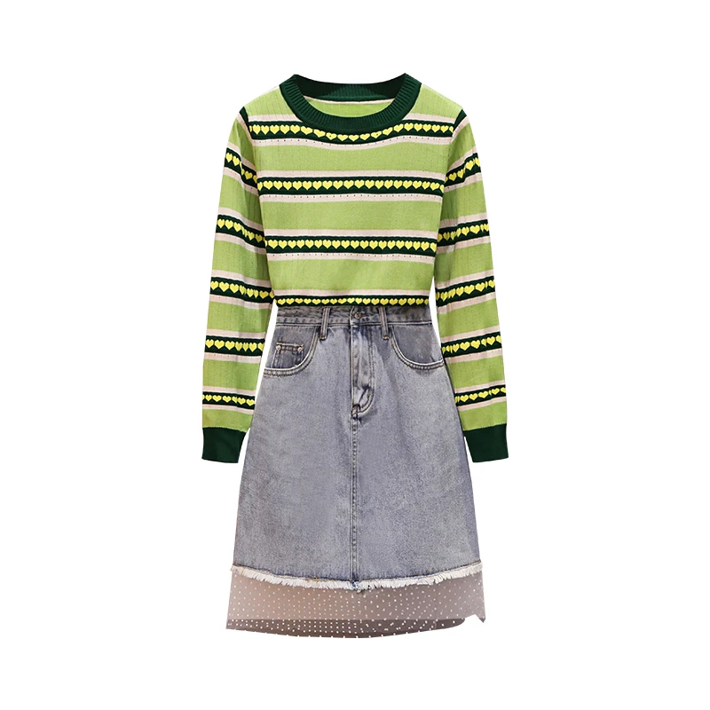 

2019 Fall Plus Size L-4XL Suits Sister Denim Skirt Twinset Stripe Sweater & Denim Skirt Women Knitwear Leisure Outfits