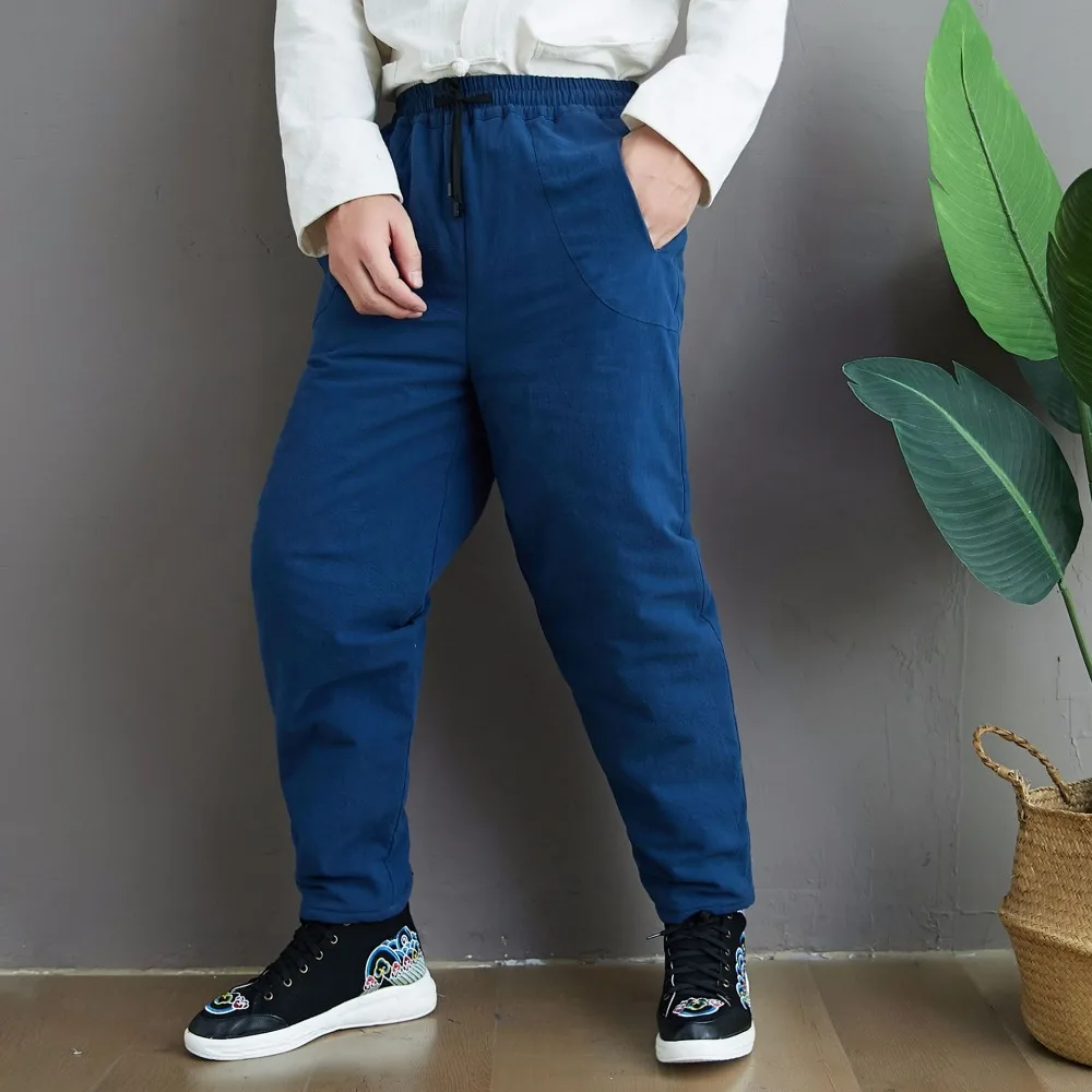 LZJN 2019 Winter Warm Men Thick Pants Double Layer Quilted Casual Pockets Male Winter Joggers Drawstring Cotton Linen Trousers (29)