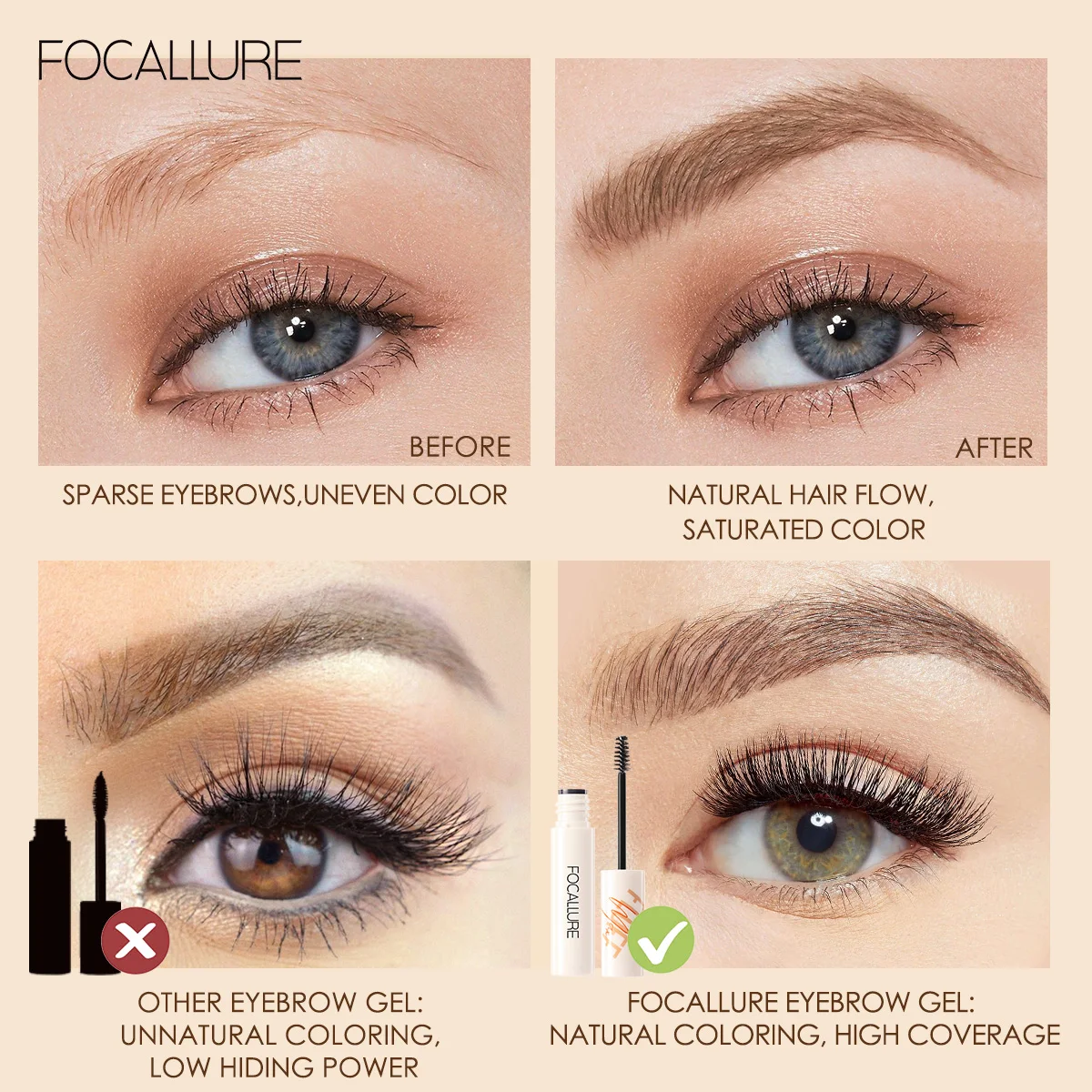 FOCALLURE Waterproof 3D Eyebrow Gel Wax Sculpt Soap Long-Lasting Quick-drying Eye Brow Enhancers Styling Cream Makeup Cosmetics