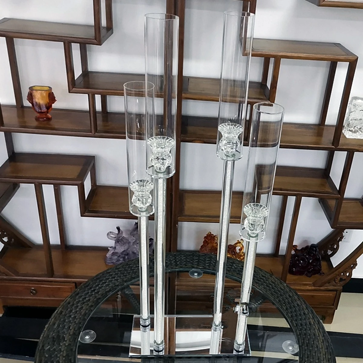 

12 шт.) Хрустальный акриловый подсвечник, 4 руки высотой, прозрачный Свадебный канделябр, дешевый настольный декор, центральные части AB0149