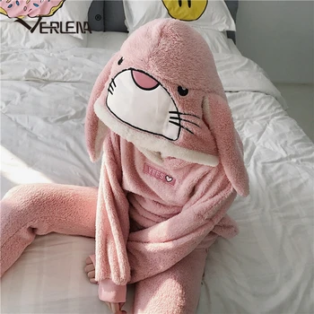 

Verlena Coral Fleece Women Two Piece Set Autumn Winter Warm Homewear Hood Pijama Set Cute Rabbit Face Embroidery Nightwear 2019