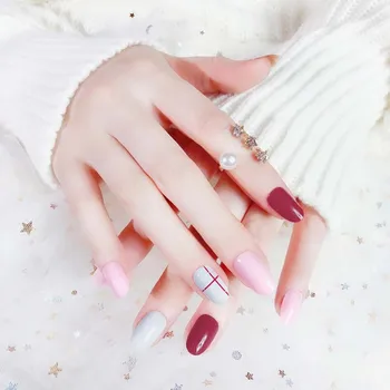 

24Pcs Simple Fake Nails Wine Red Solid Long Round Artificial Nail Tips with Glue Sticker for Office Home Party TY