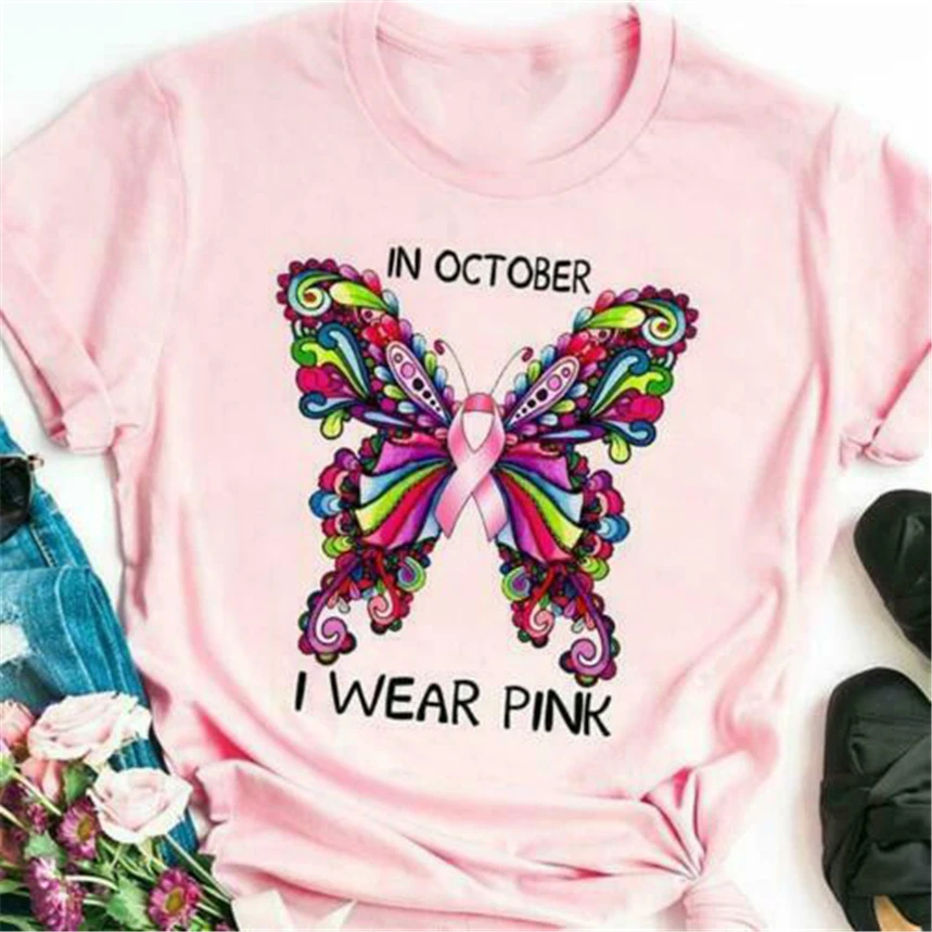

Breast Cancer In October I Wear Pink Ladies T-Shirt Cotton S-3Xl Light Pink Streetwear Casual Tee Shirt