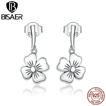 

BISAER Lucky Clover Earrings Real 925 Sterling Silver Four-leaf clover Stud Earrings For Women Wedding Jewelry GXE925