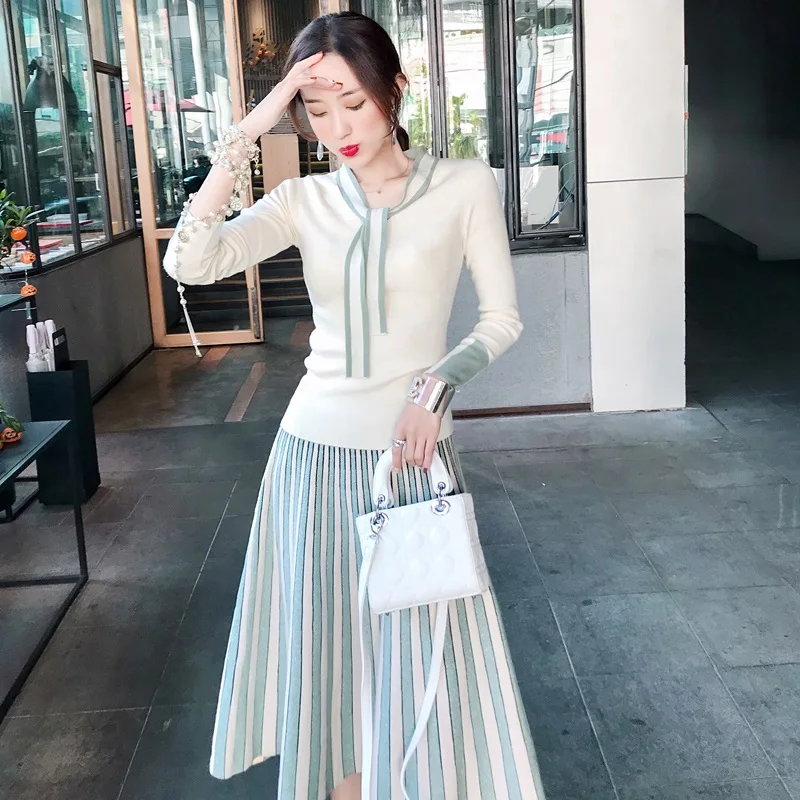 

2019 autumn winter two piece sets knitting short sweater pullovers elastic high waist pleated long skirts suit ensemble femme