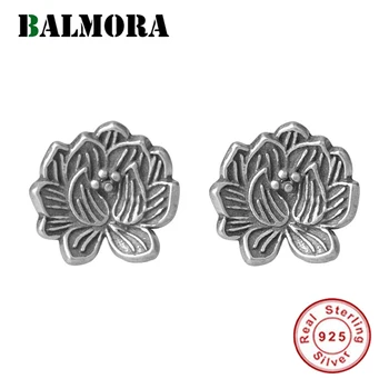 

BALMORA Real 925 Sterling Silver Retro Lotus Flower&Animal Stud Earrings for Women Lady Simple Elegant Fashion Aretes Jewelry