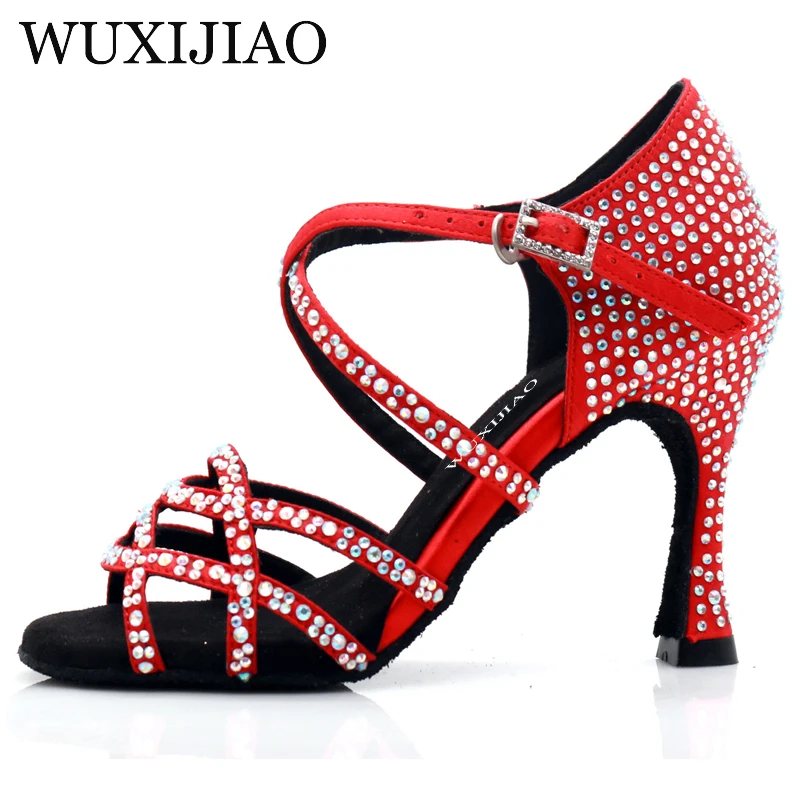 WUXIJIAO women's Latin dance shoes color satin sequins rhinestones Cuban high heels 9cm