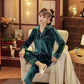 

Womens Flannel Pajamas Set Long Sleeve Sleepwear Golden Velvet Pijama Suit Female Sleep Two Piece Set Home Clothes Plus Size