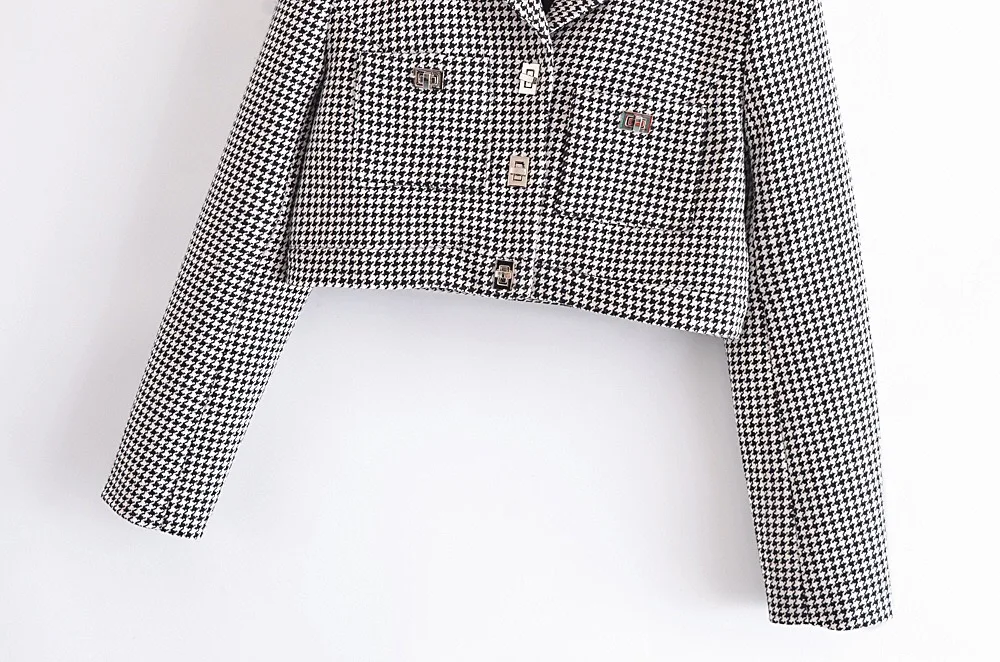 Retro French Style Green Check Plaid Weavon Cropped Blazer Women Notched Metal Buckle Buttons High Waist Suit Short Coat Outwear