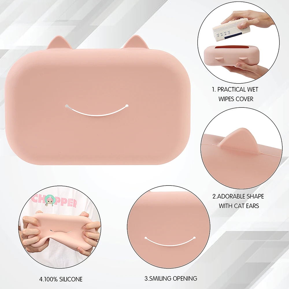 Soboba Tissue Box Cover Silicone Kitty Cat Pattern Reusable Baby Care Wipe Box for Newborn Wet Wipe Holder wet wipes bag