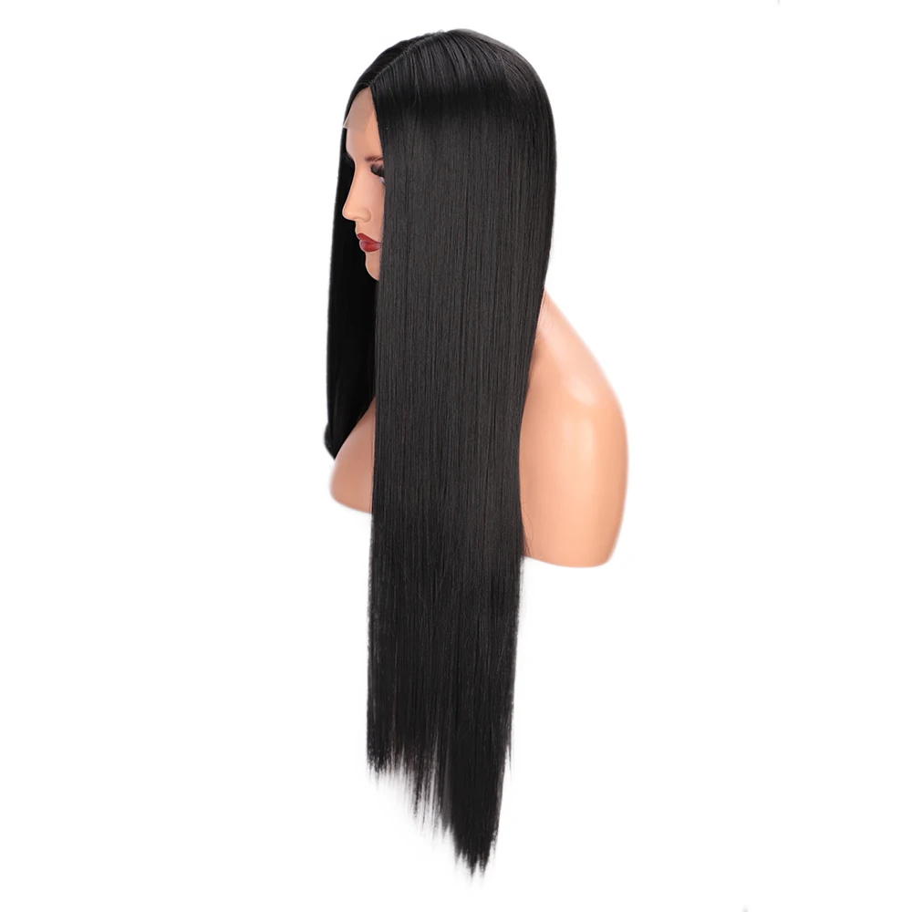 Весна солнце длинные прямые синтетические кружева передние парики средняя часть термостойкие черные парики для черных женщин