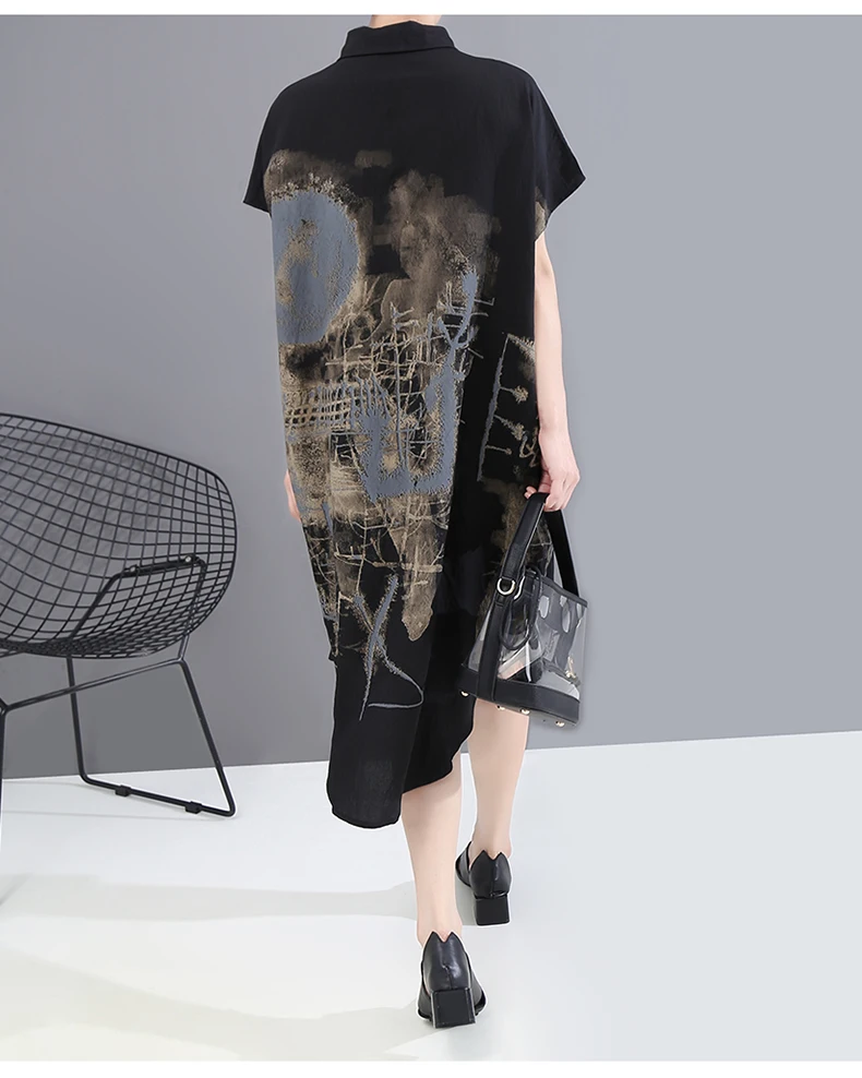 New Fashion Painted Style Black Vintage Shirt Dress