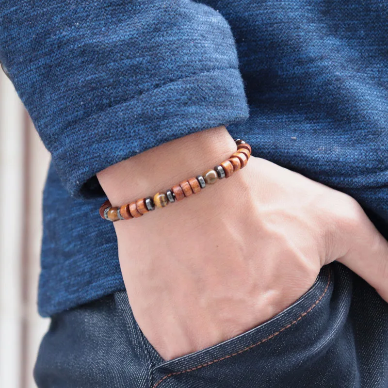 Wenge Wood Hematite Tiger Eye Stone Mens Bracelet