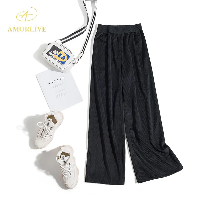 

AMOR LIVE Black Velvet Ribbon High Waist Wide Leg Pants For Woman High Waist Loose Full Pants Fashion Casual Ladies Trousers