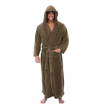

Men's Winter Plush Lengthened Stretched Shawl Bathrobe Long Sleeve Home Clothes Robe Coat Bathrobe Dressing Gown Homme