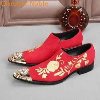 

Newest Chentel Flower Embroidery Fashion Mens Dress Low Heel Shoes Suede Leather Breathable Loafters Mens Shoes Red Black