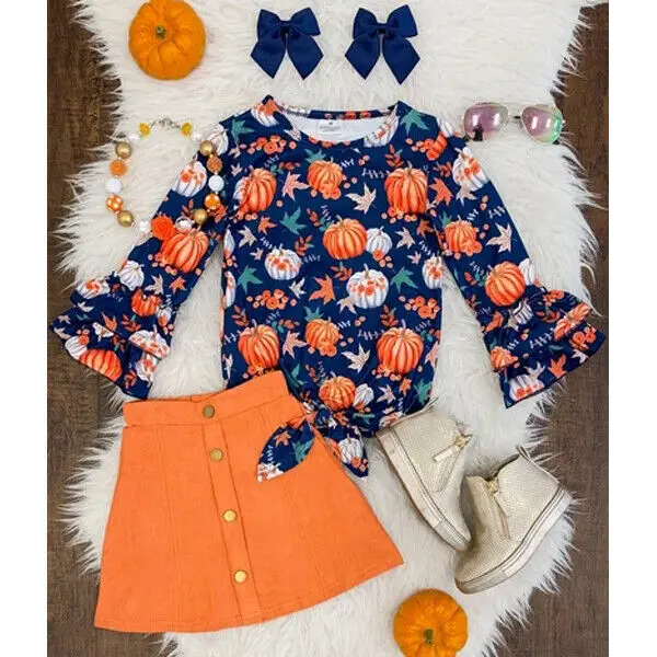 

2pcs Toddler Baby Girls 12M-5T Halloween Clothes Pumpkin Tops+Skirts Cotton Outfits Set