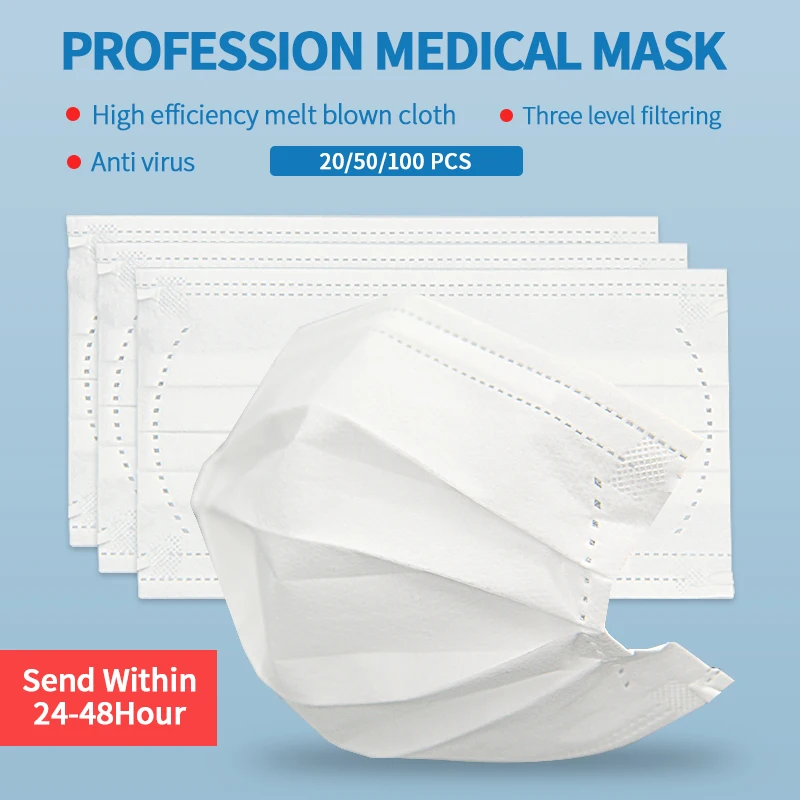 

50PCS Face Masks Disposable Mask White 3 Layer Non-woven Dust Mask Thickened Mouth Masks Dust-Proof Face Shield masken